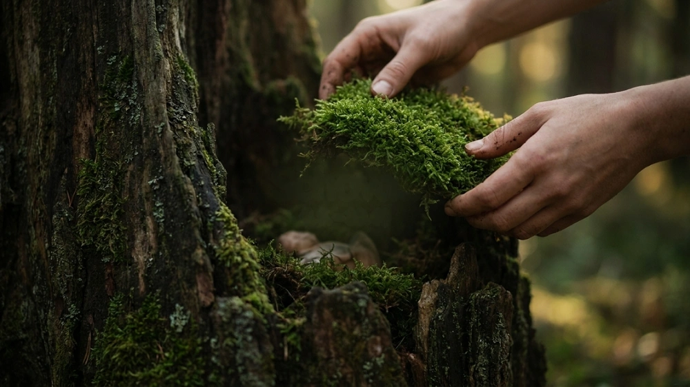 geocaching maskování keš pařez mech ruce les příroda