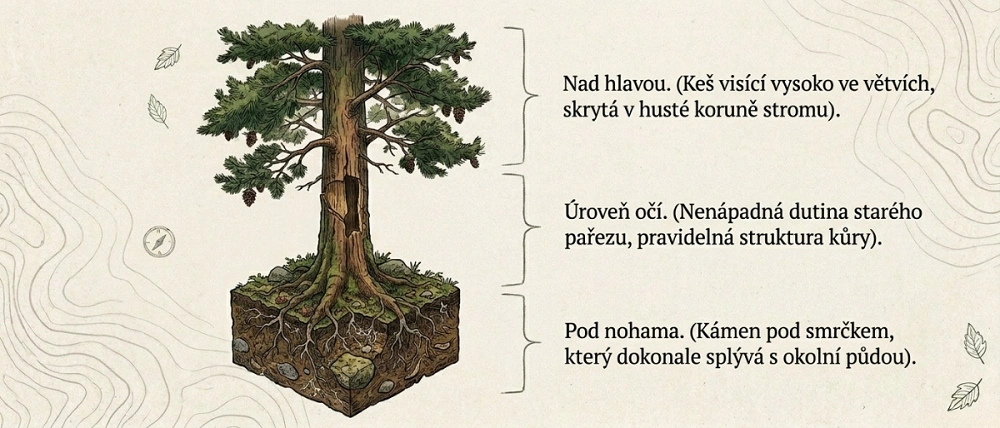geocaching keš strom vrstvy hledání nad hlavou pod nohama ilustrace