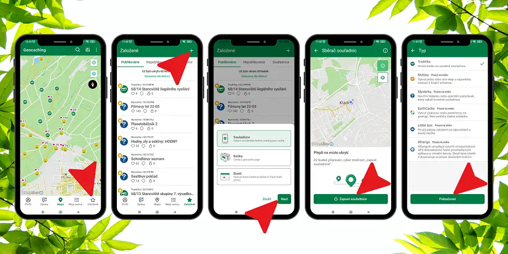 geocaching aplikace mobil zalozeni kese krok za krokem gps mapa listing
