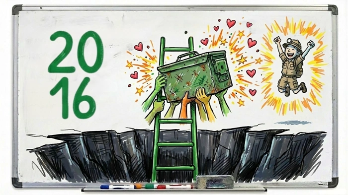 A.P.E. keš návrat originálu 2016 geocaching schránka žebřík ilustrace