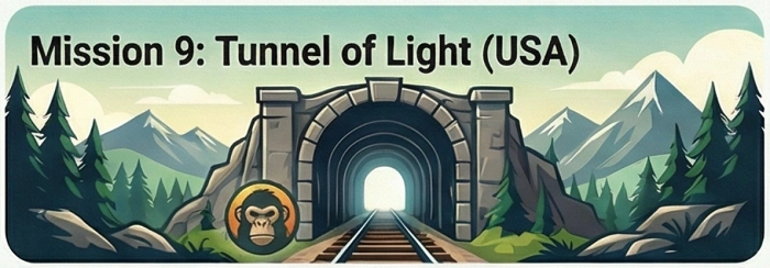 Mission 9 Tunnel of Light tunel železnice APE keš Washington geocaching