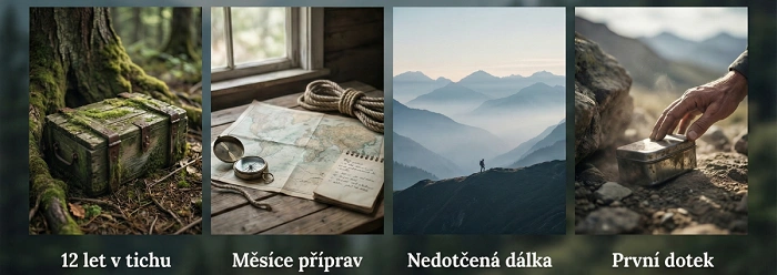 koláž geocaching keš v lese mapa příprava hory výstup první nález