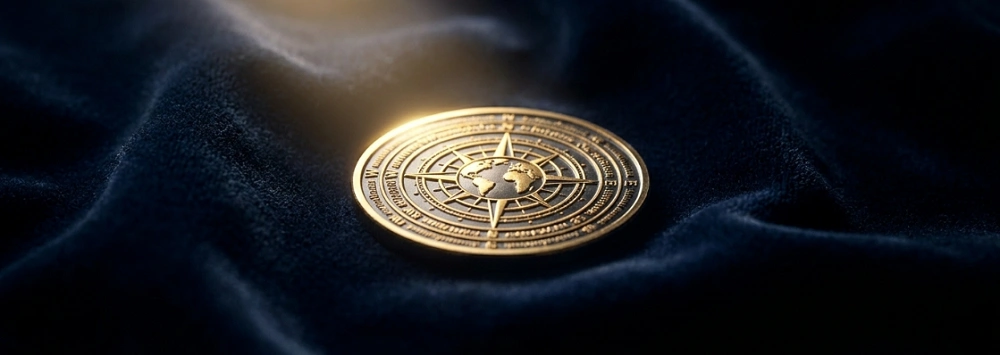Geocoin s kompasovým motivem na tmavé látce