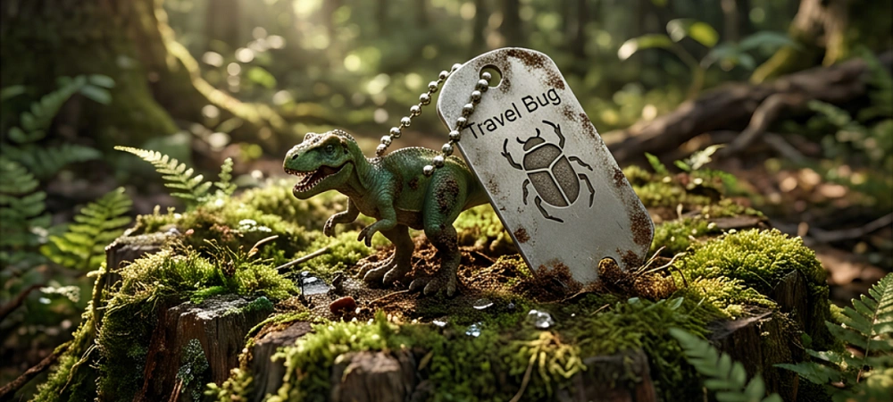 Travel Bug s dino figurkou na pařezu v lese