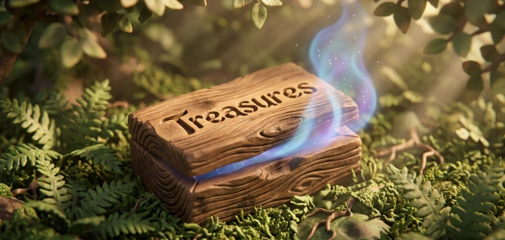 Dřevěná schránka Treasures v lese symbolizující digitální poklady v geocachingu