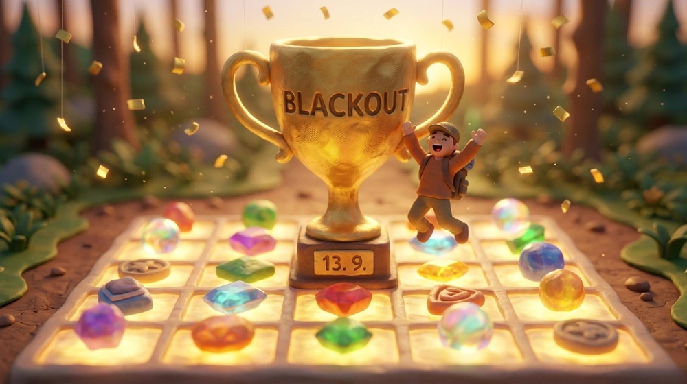 Bingo 2026 v geocachingu – dokončená bingo karta a Blackout suvenýr