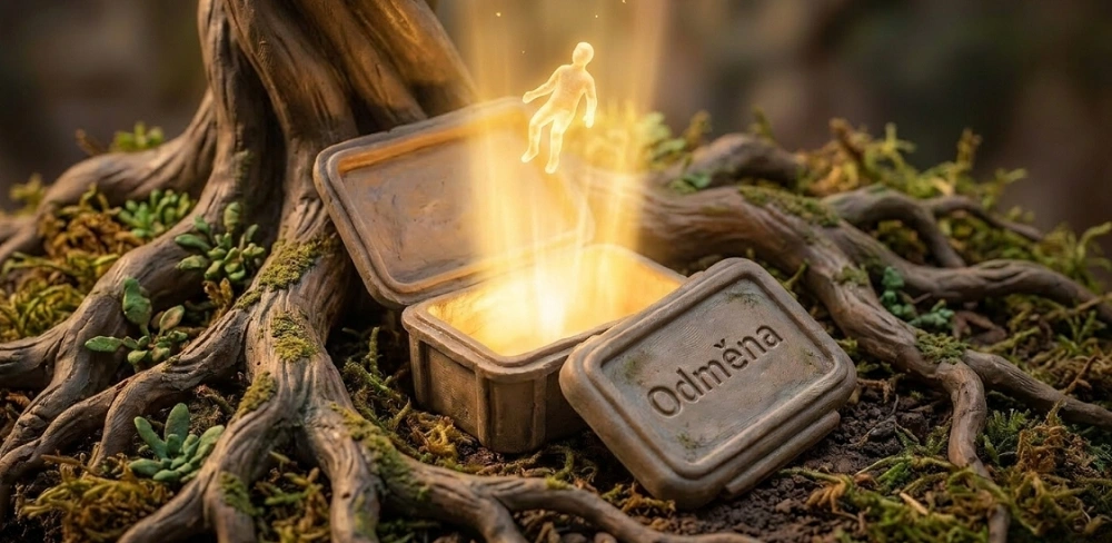 Geocache s digitální odměnou Shareable ukrytá mezi kořeny stromu