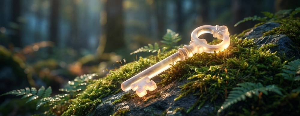 Klíč symbolizující fungování Shareables v geocachingu na lesním mechu