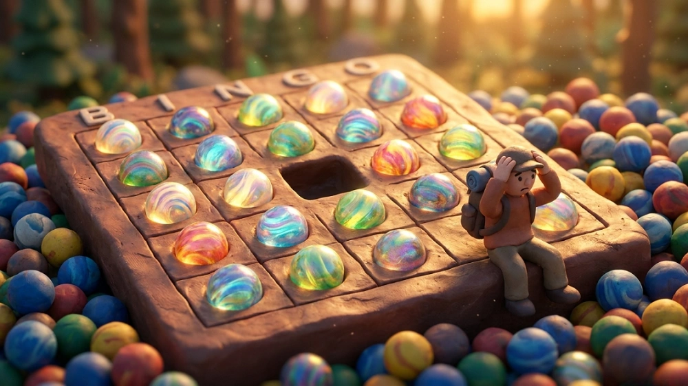 Bingo 2026 v geocachingu – téměř zaplněná karta s posledním chybějícím Treasure