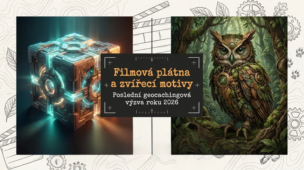 Ilustrace geocachingové výzvy 2026 s futuristickou schránkou, mechanickou sovou a motivy filmu a zvířecí říše.
