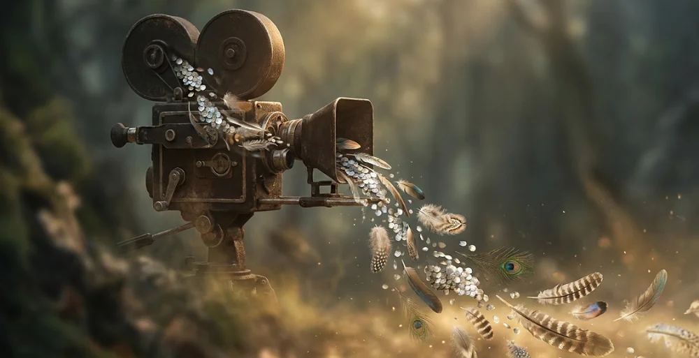 Historická filmová kamera v lese s poletujícími ptačími pery jako ilustrace filmové geocachingové výzvy 2026.